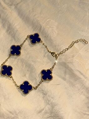 Gold Clover Link Bracelet with Deep Blue Enamel